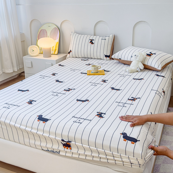 91家纺网 家纺一手货源 找家纺 感遇家纺 2024新款纯棉床单床笠枕套 床笠款-腊肠犬