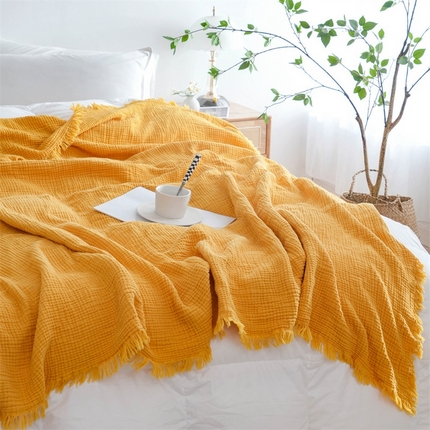 91家纺网 家纺一手货源 找家纺 凌云家纺 2025新款四层皱皱纱流苏毯盖毯浴巾 豆蔻150x200cm