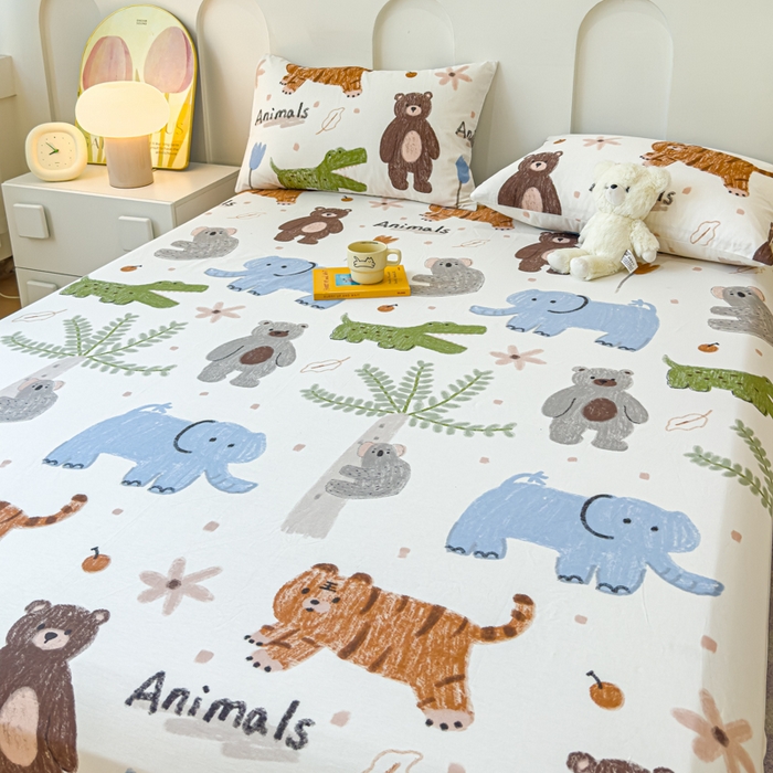 91家纺网 家纺一手货源 找家纺 感遇家纺 2024新款纯棉床单床笠枕套 床笠款-动物森林