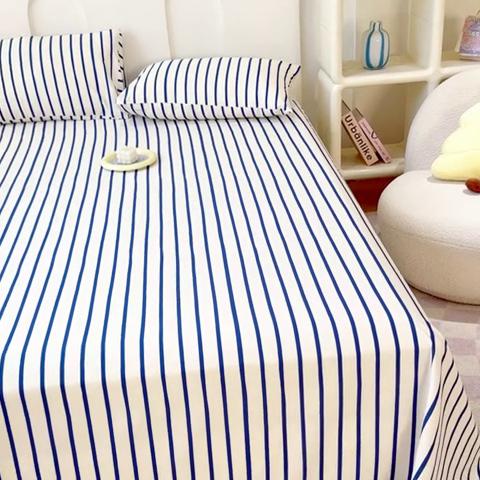 91家纺网 家纺一手货源 找家纺 感遇家纺 2024新款纯棉床单床笠枕套 床单款-蓝条纹