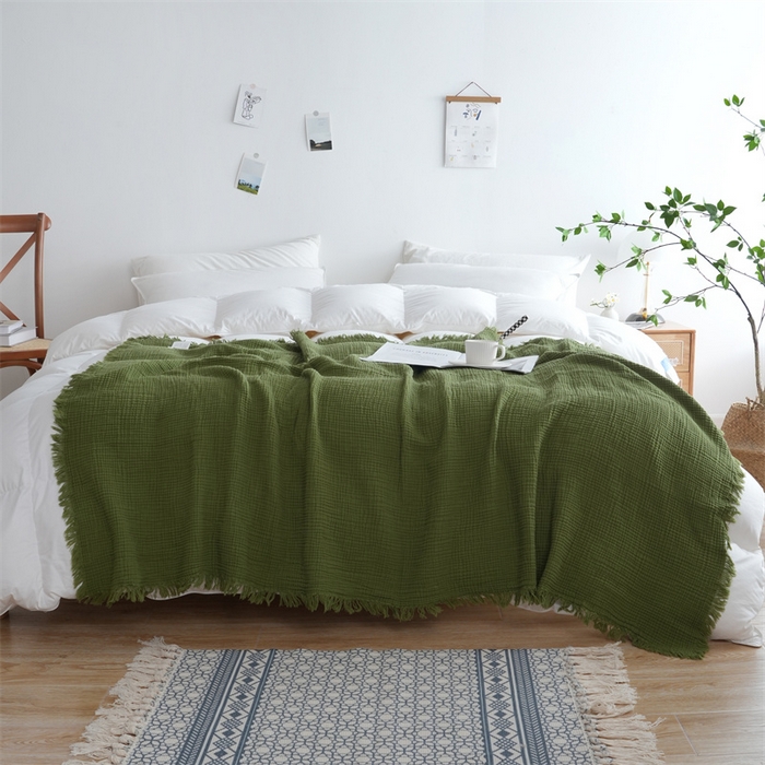 91家纺网 家纺一手货源 找家纺 凌云家纺 2025新款四层皱皱纱流苏毯盖毯浴巾 抹茶150x200cm