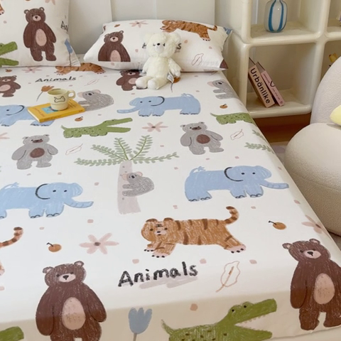 91家纺网 家纺一手货源 找家纺 感遇家纺 2024新款纯棉床单床笠枕套 床笠款-动物森林