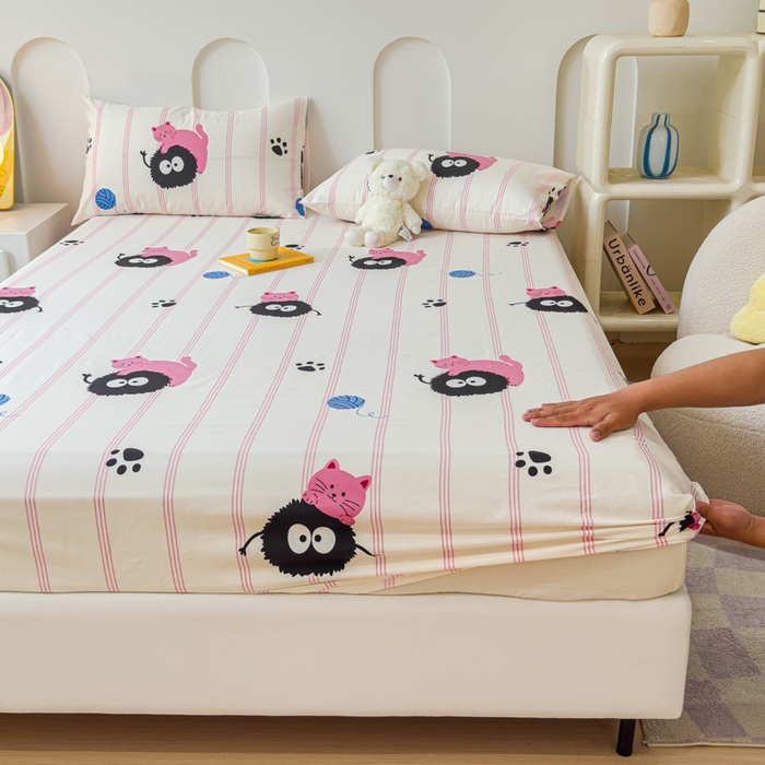 91家纺网 家纺一手货源 找家纺 感遇家纺 2024新款纯棉床单床笠枕套 床笠款-粉条小猫