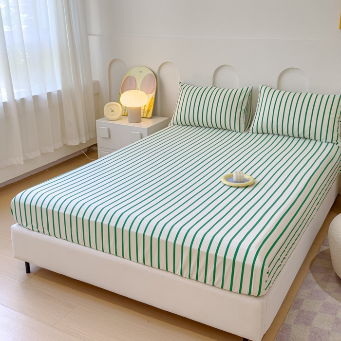 91家纺网 家纺一手货源 找家纺 感遇家纺 2024新款纯棉床单床笠枕套 床笠款-墨绿条纹