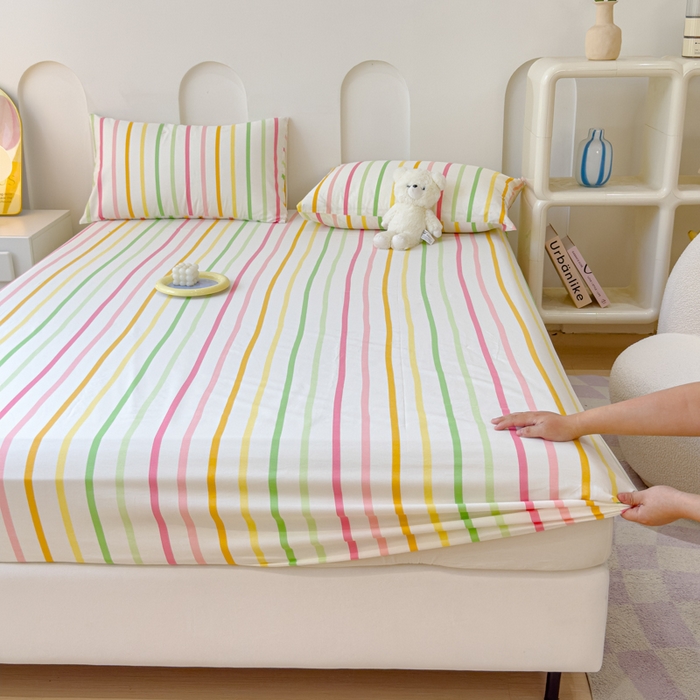 91家纺网 家纺一手货源 找家纺 感遇家纺 2024新款纯棉床单床笠枕套 床笠款-彩虹条纹