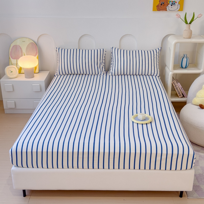 91家纺网 家纺一手货源 找家纺 感遇家纺 2024新款纯棉床单床笠枕套 床笠款-蓝条纹