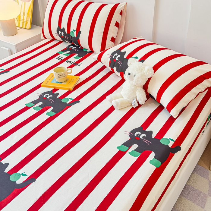 91家纺网 家纺一手货源 找家纺 感遇家纺 2024新款纯棉床单床笠枕套 床笠款-红条苹果苗