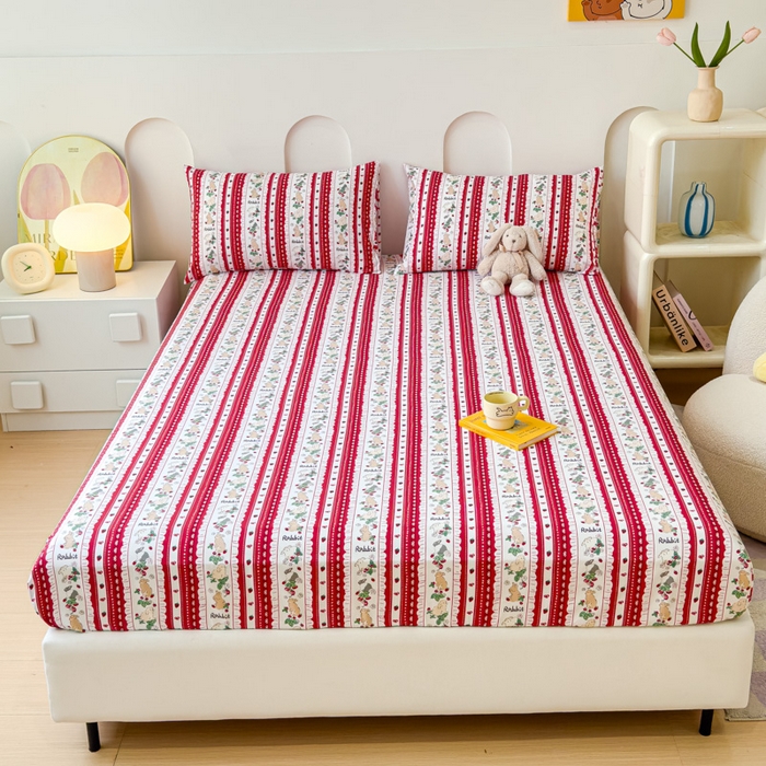 91家纺网 家纺一手货源 找家纺 感遇家纺 2024新款纯棉床单床笠枕套 床笠款-草莓小兔