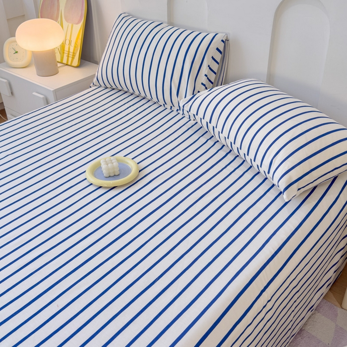 91家纺网 家纺一手货源 找家纺 感遇家纺 2024新款纯棉床单床笠枕套 床单款-蓝条纹