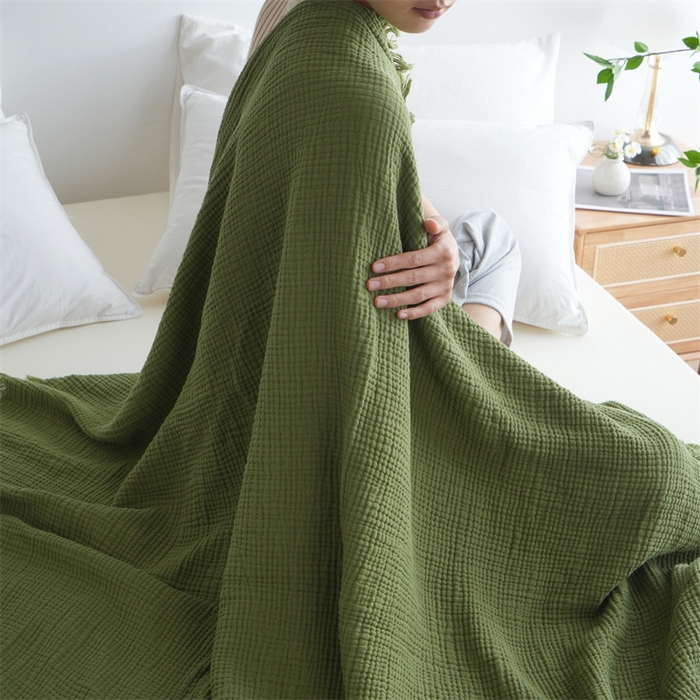 91家纺网 家纺一手货源 找家纺 凌云家纺 2025新款四层皱皱纱流苏毯盖毯浴巾 抹茶150x200cm