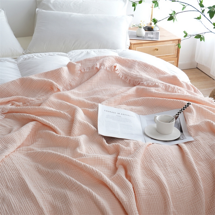 91家纺网 家纺一手货源 找家纺 凌云家纺 2025新款四层皱皱纱流苏毯盖毯浴巾 粉语130x170cm