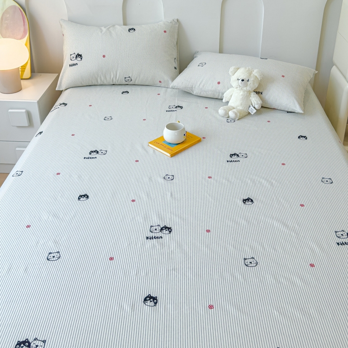 91家纺网 家纺一手货源 找家纺 感遇家纺 2024新款纯棉床单床笠枕套 床单款-灰条猫咪