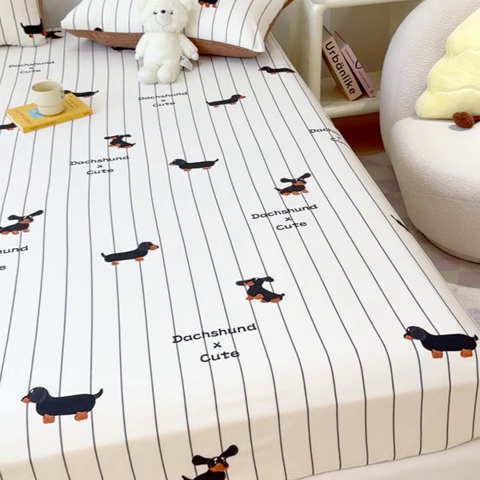 91家纺网 家纺一手货源 找家纺 感遇家纺 2024新款纯棉床单床笠枕套 床笠款-腊肠犬