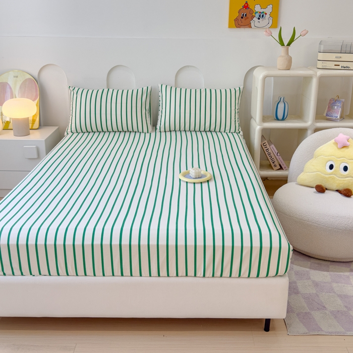 91家纺网 家纺一手货源 找家纺 感遇家纺 2024新款纯棉床单床笠枕套 床笠款-墨绿条纹