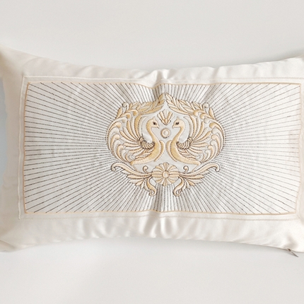 91家纺网 家纺一手货源 找家纺 澜屿 2024新款禅丝高精密刺绣小抱枕头枕芯腰靠枕 吉祥鸟-米白