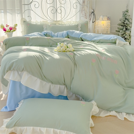 91家纺网 家纺一手货源 找家纺 灰鲸 2025新款水洗双层纱miumin郁金香刺绣四件套 miumin郁金香-薄荷绿拼天空蓝