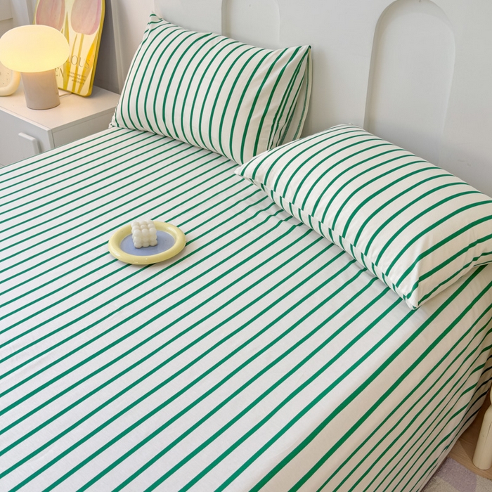 91家纺网 家纺一手货源 找家纺 感遇家纺 2024新款纯棉床单床笠枕套 床单款-墨绿条纹