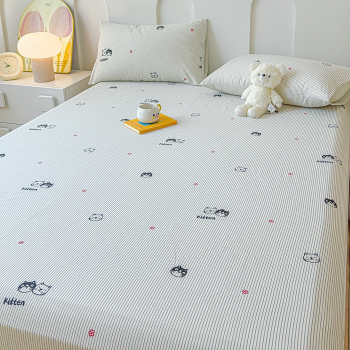 91家纺网 家纺一手货源 找家纺 感遇家纺 2024新款纯棉床单床笠枕套 床笠款-灰条猫咪