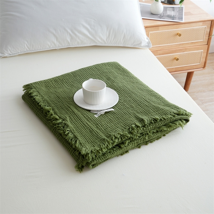 91家纺网 家纺一手货源 找家纺 凌云家纺 2025新款四层皱皱纱流苏毯盖毯浴巾 抹茶150x200cm