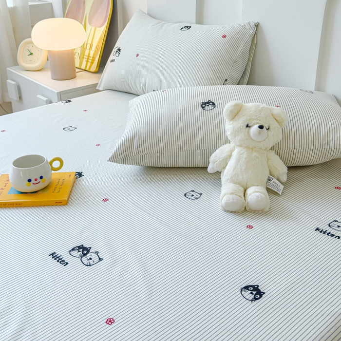 91家纺网 家纺一手货源 找家纺 感遇家纺 2024新款纯棉床单床笠枕套 床单款-灰条猫咪