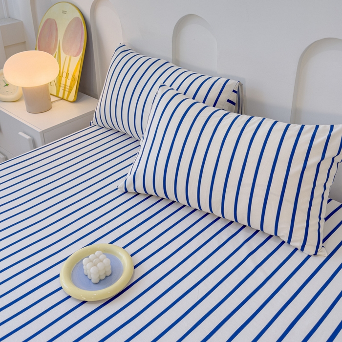 91家纺网 家纺一手货源 找家纺 感遇家纺 2024新款纯棉床单床笠枕套 床笠款-蓝条纹