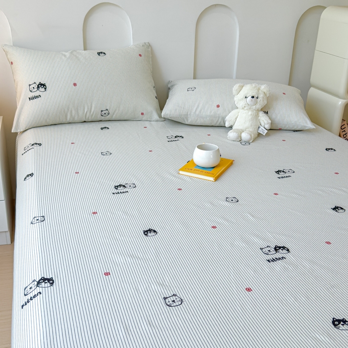 91家纺网 家纺一手货源 找家纺 感遇家纺 2024新款纯棉床单床笠枕套 床单款-灰条猫咪