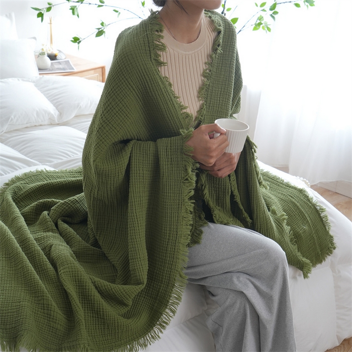 91家纺网 家纺一手货源 找家纺 凌云家纺 2025新款四层皱皱纱流苏毯盖毯浴巾 抹茶150x200cm