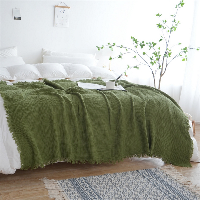 91家纺网 家纺一手货源 找家纺 凌云家纺 2025新款四层皱皱纱流苏毯盖毯浴巾 抹茶150x200cm