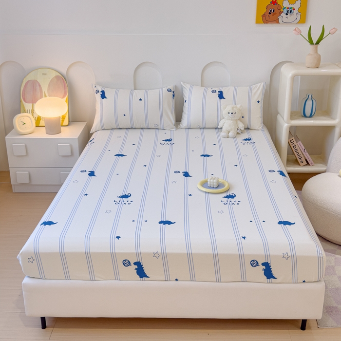 91家纺网 家纺一手货源 找家纺 感遇家纺 2024新款纯棉床单床笠枕套 床笠款-蓝条恐龙