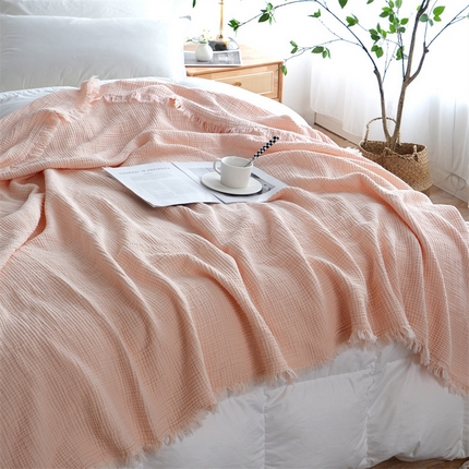 91家纺网 家纺一手货源 找家纺 凌云家纺 2025新款四层皱皱纱流苏毯盖毯浴巾 粉语150x200cm