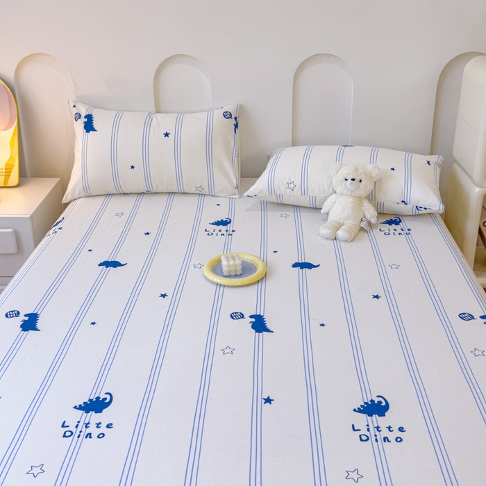 91家纺网 家纺一手货源 找家纺 感遇家纺 2024新款纯棉床单床笠枕套 床笠款-蓝条恐龙