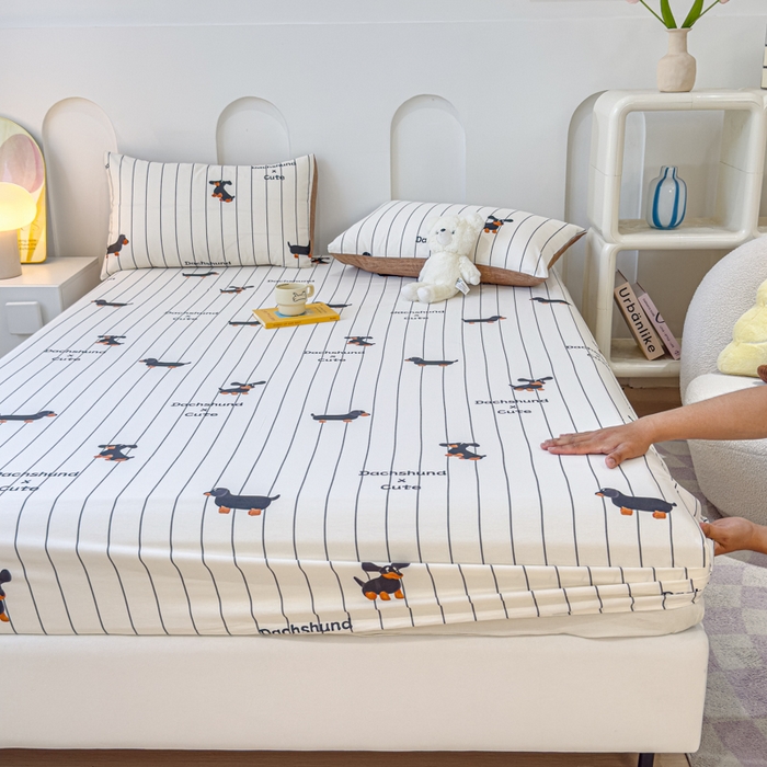 91家纺网 家纺一手货源 找家纺 感遇家纺 2024新款纯棉床单床笠枕套 床笠款-腊肠犬