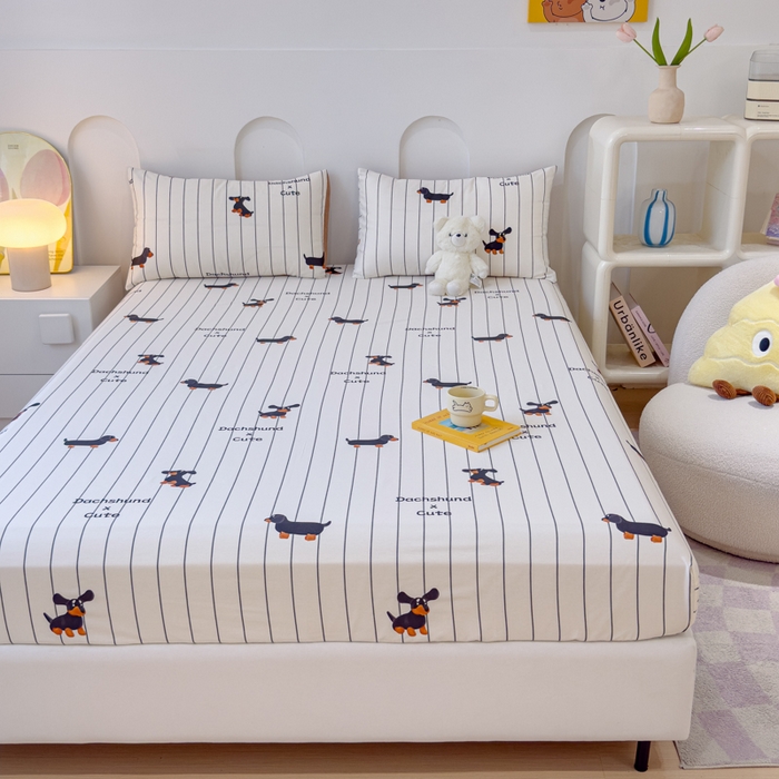 91家纺网 家纺一手货源 找家纺 感遇家纺 2024新款纯棉床单床笠枕套 床笠款-腊肠犬