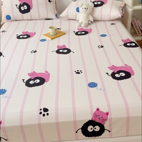 91家纺网 家纺一手货源 找家纺 感遇家纺 2024新款纯棉床单床笠枕套 床笠款-粉条小猫