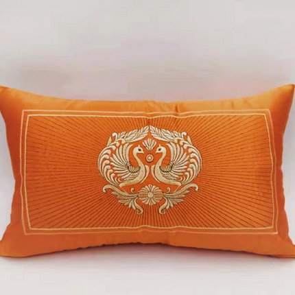 澜屿 2024新款禅丝高精密刺绣小抱枕头枕芯腰靠枕 吉祥鸟-亮橙
