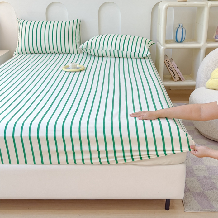 91家纺网 家纺一手货源 找家纺 感遇家纺 2024新款纯棉床单床笠枕套 床笠款-墨绿条纹