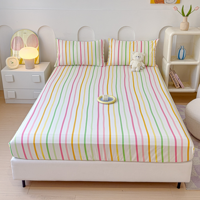 91家纺网 家纺一手货源 找家纺 感遇家纺 2024新款纯棉床单床笠枕套 床笠款-彩虹条纹