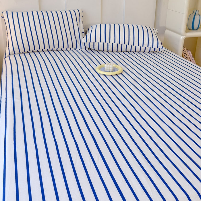 91家纺网 家纺一手货源 找家纺 感遇家纺 2024新款纯棉床单床笠枕套 床单款-蓝条纹