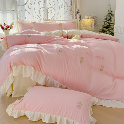 91家纺网 家纺一手货源 找家纺 灰鲸 2025新款水洗双层纱miumin郁金香刺绣四件套 miumin郁金香-仙粉拼奶黄