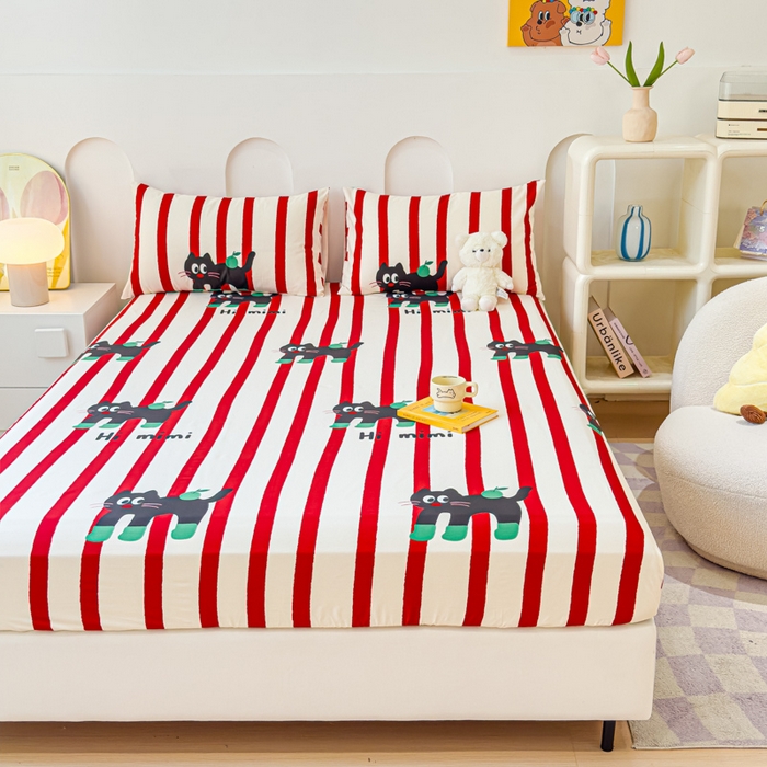 91家纺网 家纺一手货源 找家纺 感遇家纺 2024新款纯棉床单床笠枕套 床笠款-红条苹果苗