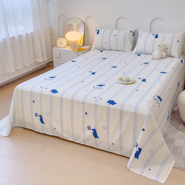 91家纺网 家纺一手货源 找家纺 感遇家纺 2024新款纯棉床单床笠枕套 床单款-蓝条恐龙