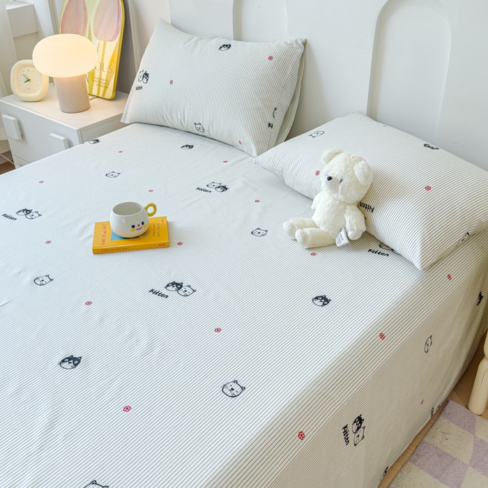 91家纺网 家纺一手货源 找家纺 感遇家纺 2024新款纯棉床单床笠枕套 床单款-灰条猫咪