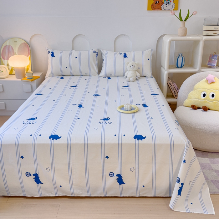 91家纺网 家纺一手货源 找家纺 感遇家纺 2024新款纯棉床单床笠枕套 床单款-蓝条恐龙