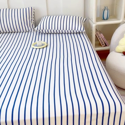 91家纺网 家纺一手货源 找家纺 感遇家纺 2024新款纯棉床单床笠枕套 床笠款-蓝条纹