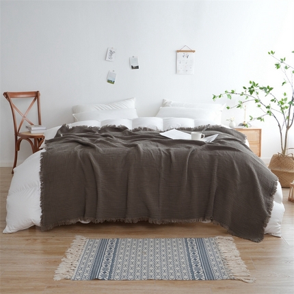 91家纺网 家纺一手货源 找家纺 凌云家纺 2025新款四层皱皱纱流苏毯盖毯浴巾 陶泥130x170cm