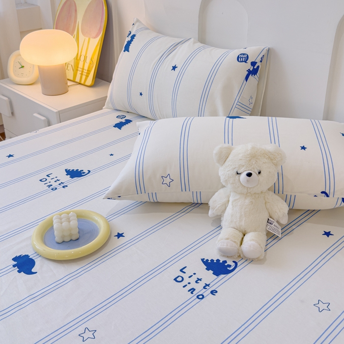 91家纺网 家纺一手货源 找家纺 感遇家纺 2024新款纯棉床单床笠枕套 床单款-蓝条恐龙