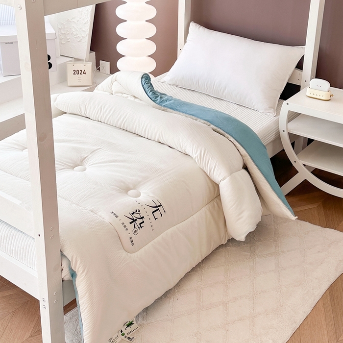 91家纺网 家纺一手货源 找家纺 招财狼家纺  2024新款水洗磨毛学生大豆被夏被春秋被多被芯被子 无染 米白+水兰