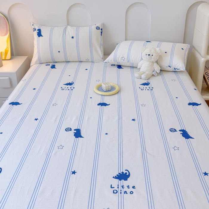 91家纺网 家纺一手货源 找家纺 感遇家纺 2024新款纯棉床单床笠枕套 床单款-蓝条恐龙