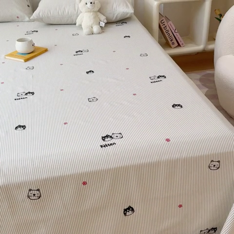 91家纺网 家纺一手货源 找家纺 感遇家纺 2024新款纯棉床单床笠枕套 床单款-灰条猫咪