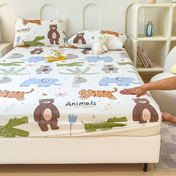 91家纺网 家纺一手货源 找家纺 感遇家纺 2024新款纯棉床单床笠枕套 床笠款-动物森林